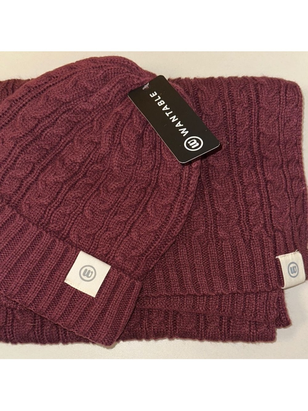 WANTABLE Burgundy Wool Blend Cable Knit Hat & Scarf Set